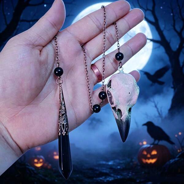 1 Vintage Crow Skull Pendant With Black Crystal And Resin For Divination And Spiritual Balance, Perfect Halloween Gift, |Gothic Pendant| Resin Skull