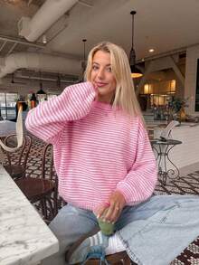 Women's Autumn/Winter Fashion Casual Youthful Color-Block Striped Soft Loose Knit Round Neck Pullover Sweater - Pink - View 3