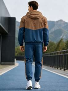 Men's Colorblock Zip-Up Hoodie & Drawstring Joggers 2-Piece Set, Long Sleeve Hooded Jacket And Sweatpants, Suitable For Daily Fitness And Streetwear - Multicolor - View 12