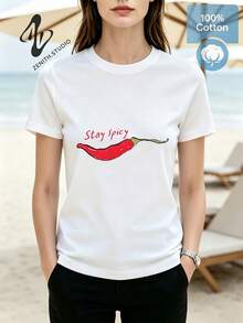 STAY SPICY Fun Red Chili Pepper Print Cotton Short Sleeve T-Shirt For Daily Wear Edgy Aesthetic - 白色 - 查看 3