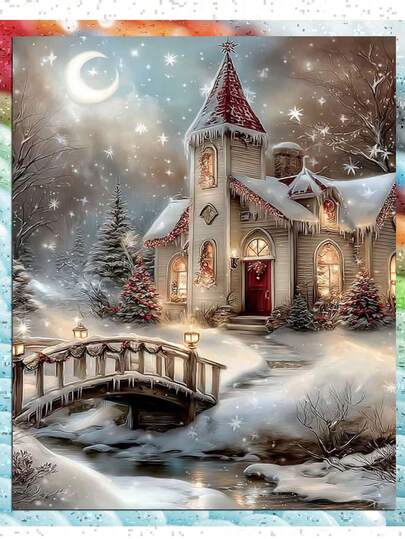 5D Full Round Diamond Painting Kit Winter Snow Cottage Crescent Moon Bridge Stream Christmas Tree Scenery DIY Diamond Art For Adults Beginners, Wall Decor Xmas Holiday Gift