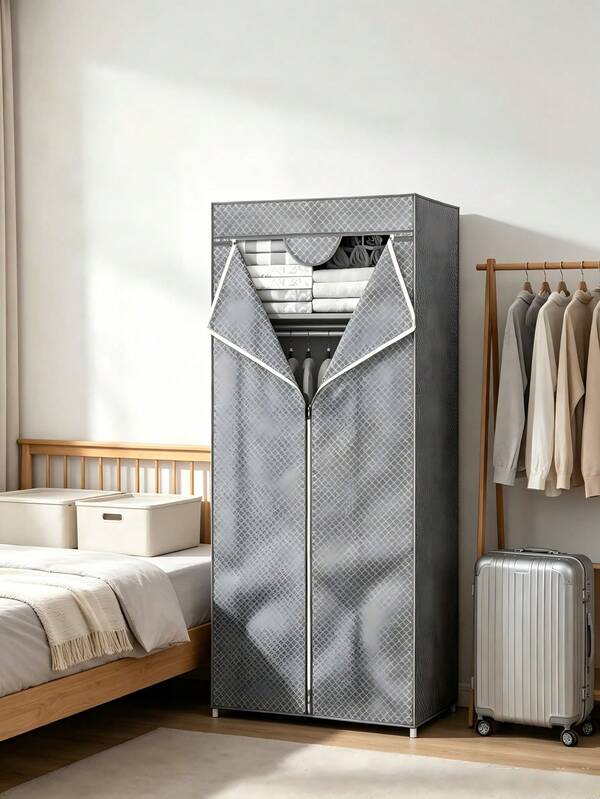 Portable Fabric Wardrobe, Metal Frame Dustproof V-Zipper Closet With Side Pockets, Large Space-Saving Garment Storage Cabinet For Renters, Family, Apartments, Dorms & Bedroom,Hanging Shirts Pants Dresses
