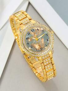 Women's Diamond Watch, Luxury Gold Metal Band Wristwatch, Exquisite Butterfly Dial Analog Dress Watch, Suitable For Daily And Party Wear - A - View 3
