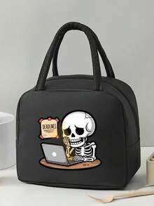 1 Pc, Creative Skeleton Pattern Printed Handbag, Large Capacity Handheld Lunch Box Bag, Suitable For Office Workers And Travel - one-size - View 6