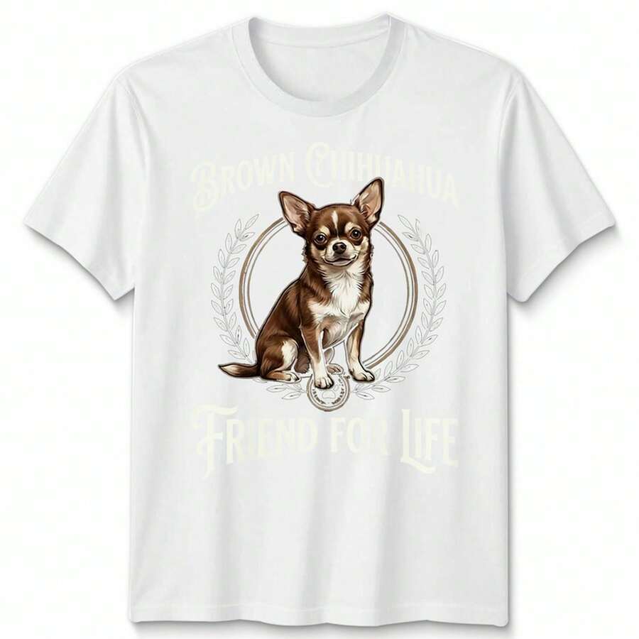 Vintage Brown Chihuahua "Friend For Life" Graphic Unisex T-Shirt, Cute Dog Print, Crew Neck, Short Sleeve, Casual Summer Top - White - View 1