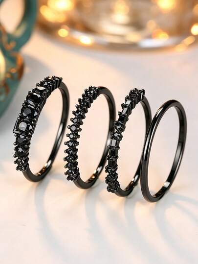 4pcs Set, Minimalist Black Synthetic Zirconia Stackable Rings, Durable & Shiny Accessory Suitable For Halloween, Holiday Gifts For Him & Her