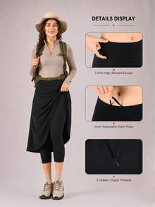 CZRLHYT Women's 26" Long Knee-Length Pants With Skirt, Tight-Fitting, High Waist Zipper Pocket Design - Black - View 3