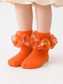 1 Pair Girls Halloween Short Socks With Mesh Lace, Versatile Holiday Outfit Socks For Kids - Orange - View 3