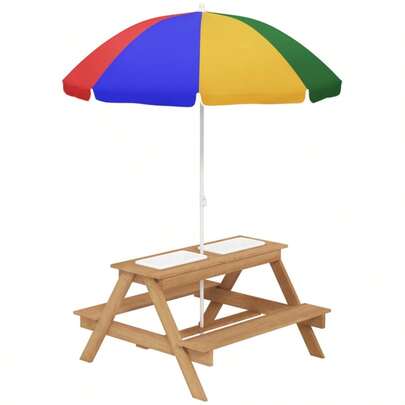 Kids Picnic Table With Sand And Water Play Bins, Wooden Garden Table Set With Benches And Adjustable Parasol For Outdoor Play Area