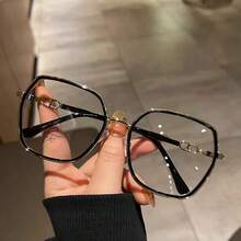 1件方形大框無度數眼鏡，金屬鏡腿 - 黑金色 - 查看 9