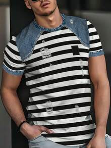 Distressed Ripped Striped Short Sleeve T-Shirt, All-Over Black And White Classic Horizontal Stripe Print, Shoulder And Cuff Faux Washed Denim Patchwork Design, Multiple Ripped And Frayed Details For Vintage Look, Slim Fit Round Neck Elastic Skin-Friendly, Versatile Casual Men's Wear - White - View 3