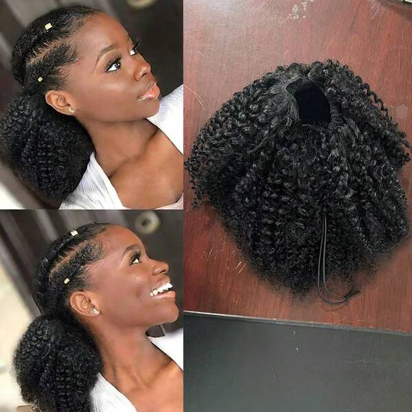 BINF Afro Curly Wrap Around Drawstring Ponytail Human Hair Extensions Curly Ponytail Easy To Wear For Women 8-22 Inch Natural Black