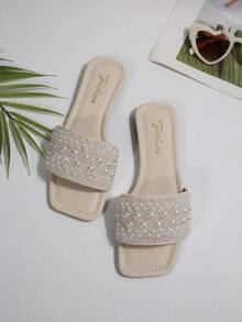 Elegant White Pearl Crystal Summer Outdoor Flat Slide Sandals - Beige - View 7