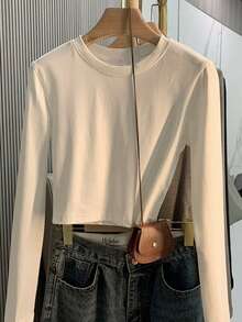 White Round Neck Solid Color Short Long Sleeve T-Shirt Women Spring Autumn Slim Fit Basic Layering Top Minimalist Casual High Waist Cropped Innerwear - White - View 1