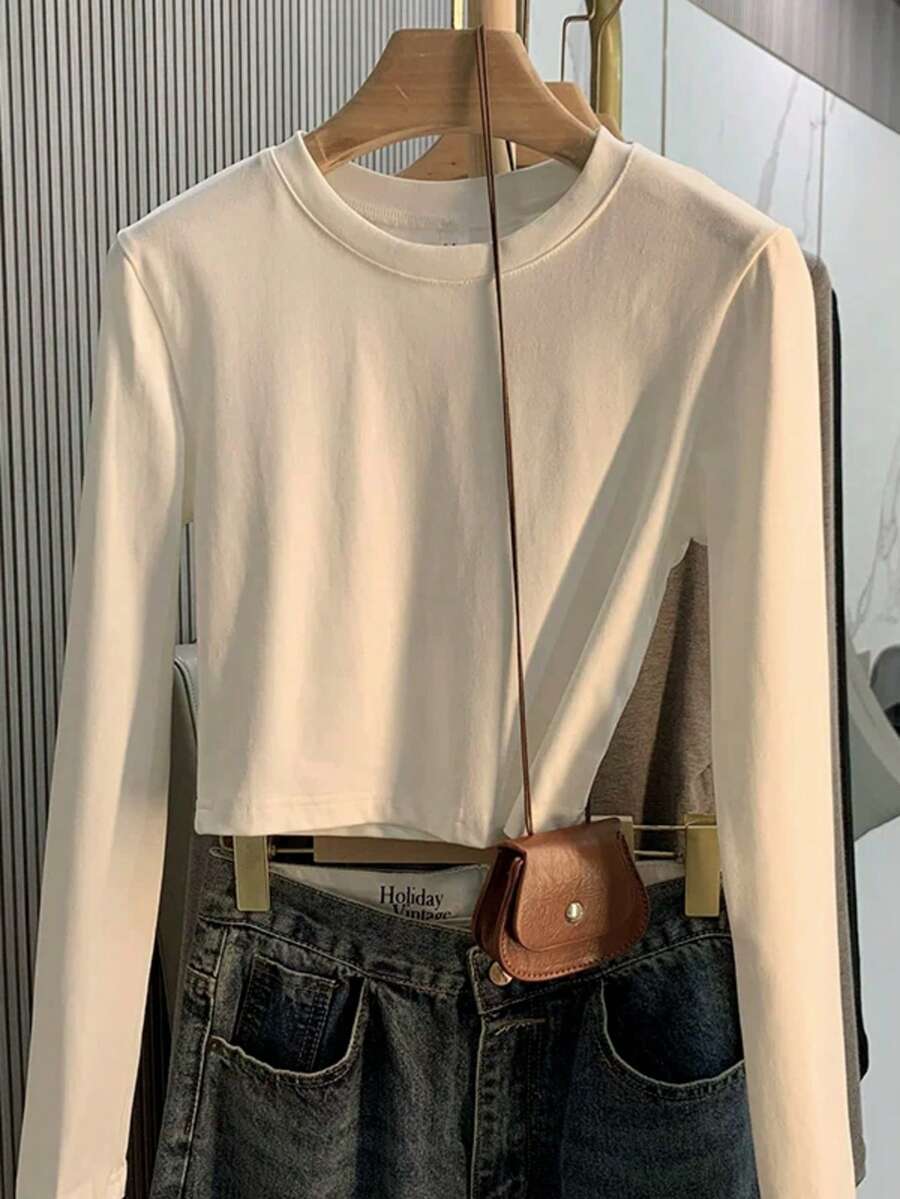 White Round Neck Solid Color Short Long Sleeve T-Shirt Women Spring Autumn Slim Fit Basic Layering Top Minimalist Casual High Waist Cropped Innerwear - White - View 1