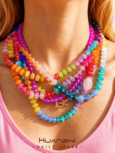 1pc Bohemian Colorful Layered Contrast Beaded Necklace, Handmade Y2K Vacation Style Women's Necklace, Beach Travel Photography Atmosphere Gift Necklace