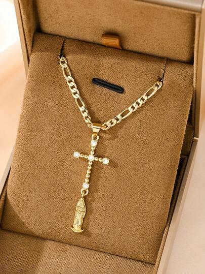 1PC 14K Gold Plated Copper Necklace With Zirconia Inlay, Pearl-Edged Cross And Virgin Mary Pendant Design With Vintage Figaro Chain, Suitable For Christmas/Thanksgiving/Halloween/Mother's Day/Valentine's Day/Couples/Friends/Fellow Believers Gift, Catholic First Communion, Gift, Daily And Holiday Wear For Prayer