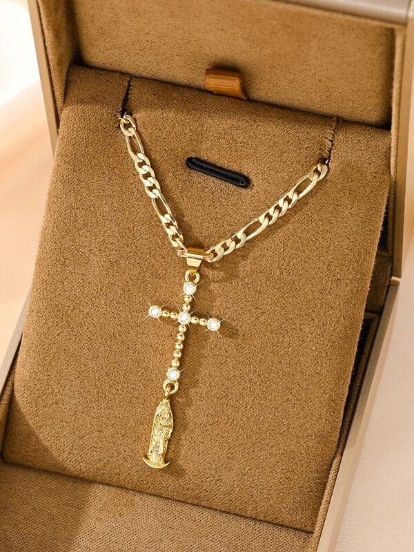 1PC 14K Gold Plated Copper Necklace With Zirconia Inlay, Pearl-Edged Cross And Virgin Mary Pendant Design With Vintage Figaro Chain, Suitable For Christmas/Thanksgiving/Halloween/Mother's Day/Valentine's Day/Couples/Friends/Fellow Believers Gift, Catholic First Communion, Gift, Daily And Holiday Wear For Prayer