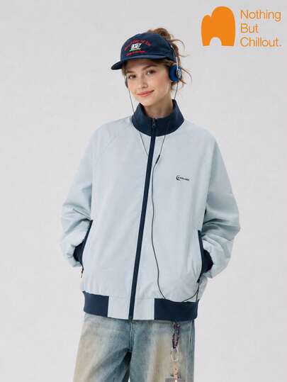NBCT Women's Light Sport Commute Baseball Jacket, Stand Collar, Minimalist Design, Loose Fit, Slimming, Solid Color, Functional Outerwear For Daily Work And Hiking