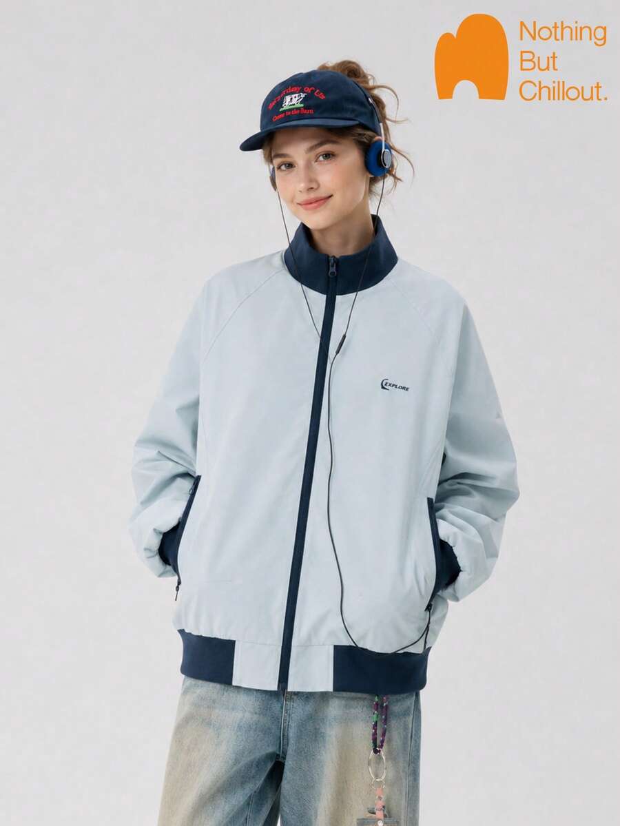 NBCT Women's Light Sport Commute Baseball Jacket, Stand Collar, Minimalist Design, Loose Fit, Slimming, Solid Color, Functional Outerwear For Daily Work And Hiking - Baby Blue - View 1
