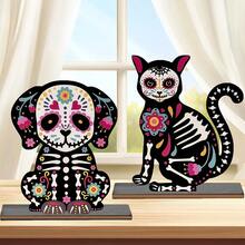 2pcs Day Of The Dead Altar Candy Skull Altar Table Decor, Wooden Day Of The Dead Dog And Cat, Mexican Halloween Indoor Desktop Decoration, Suitable For Home Use - View 5