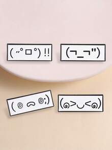 4 Pcs Cartoon Retro Network Emoticon Enamel Pin,Cute Shocked,Happy, Helpless Expression Badge,Fashion Accessory, Fun Gift For Friends - Black and White - View 2