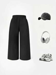 2pcs/Set Toddler Girls' Streetwear Style Solid Color Loose Straight Leg Casual Pants - Multicolor - View 3
