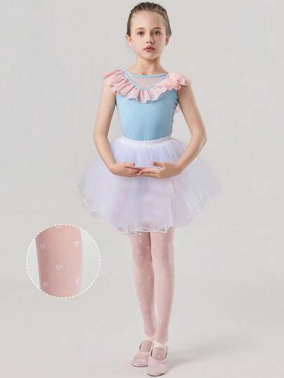 1pc Cute Heart Print Sheer Mesh Ballet Tights For Kids, Daily Wear, Pink Solid Color, Toddler Girls Dance Tights, Long Socks, Back To School