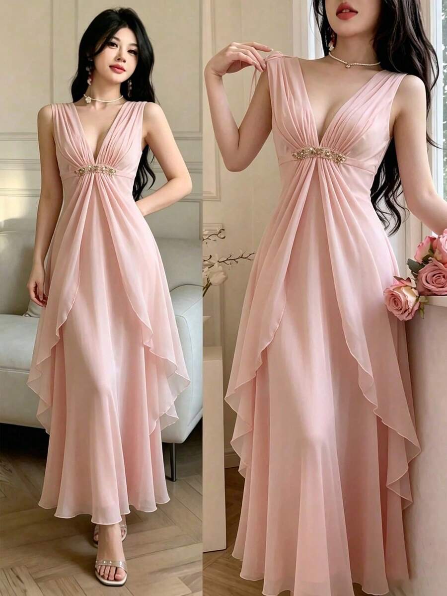 Vestido largo elegante de mujer con escote en V profundo y sin mangas, color rosa - Rosa Roja - Ver 1
