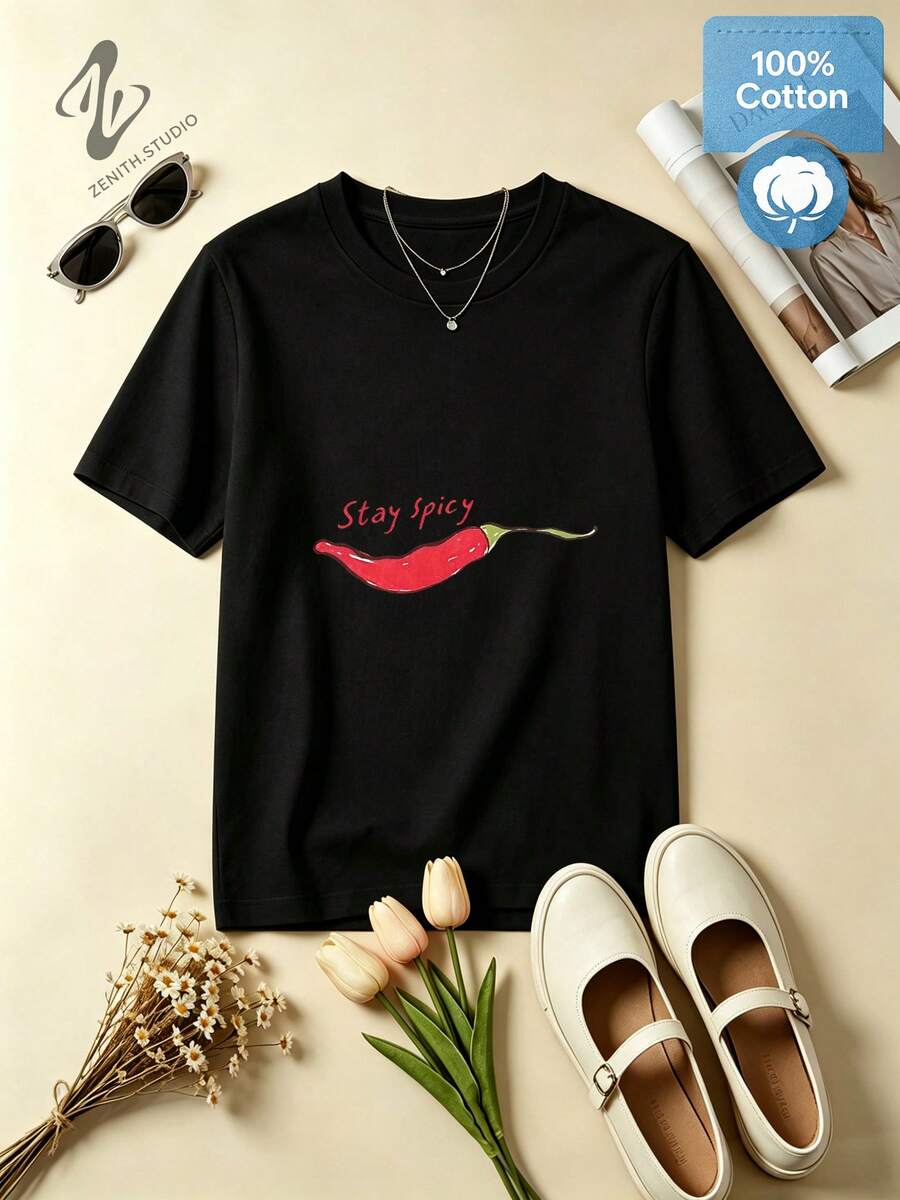STAY SPICY Fun Red Chili Pepper Print Cotton Short Sleeve T-Shirt For Daily Wear Edgy Aesthetic - 黑色 - 查看 1