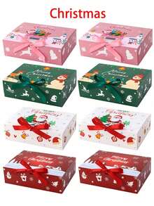 4pcs/1pc Christmas Cardboard Gift Box, Christmas Cake Box, Flip Top Bow Packaging Box, Party Holiday Gift Box, Large Luxury Sturdy Foldable Paper Box, Christmas Party Gift Supplies, Exquisite Gift Box - Multicolor - View 5