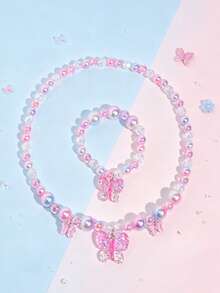 2pcs/Set Sweet Bow Pendant Children's Jewelry Necklace Bracelet Cute Jewelry Accessories Girls Birthday Party Gift - Multicolor - View 5