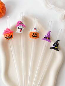 1-5PCS Reusable Clear Glass Straws With Halloween Witch Hat,Ghost&Pumpkin Accents,Cute Holiday Decor Drinking Straws For Kitchen Accessories,Water Cup,Boba Tea,Juice,Smoothies & Cold Drinks,Ideal For Beach Parties,Outdoor Picnics,Camping,Halloween Pa - View 1