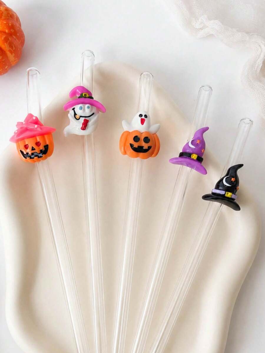 1-5PCS Reusable Clear Glass Straws With Halloween Witch Hat,Ghost&Pumpkin Accents,Cute Holiday Decor Drinking Straws For Kitchen Accessories,Water Cup,Boba Tea,Juice,Smoothies & Cold Drinks,Ideal For Beach Parties,Outdoor Picnics,Camping,Halloween Pa - View 1