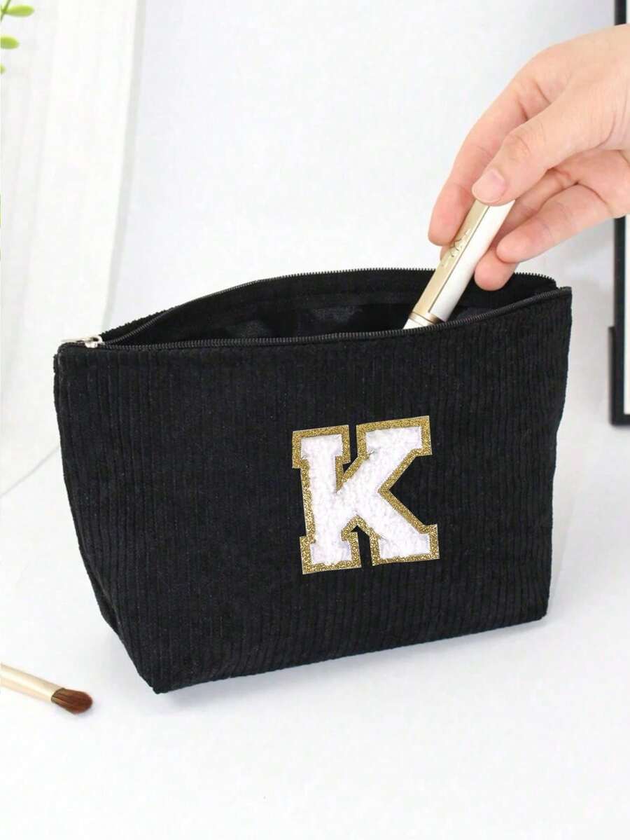 1件時尚簡約便攜式化妝品收納盒，適合女性、女孩，適用於旅行、居家與日常使用，大容量，白色字母刺繡，A-Z字母刺繡 - 黑色 - 查看 1