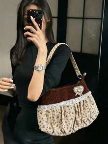 韓系碎花百褶女款單肩包，Ins風小眾設計，百搭通勤、外出、日常購物，單肩托特包 - 棕色 - 查看 3