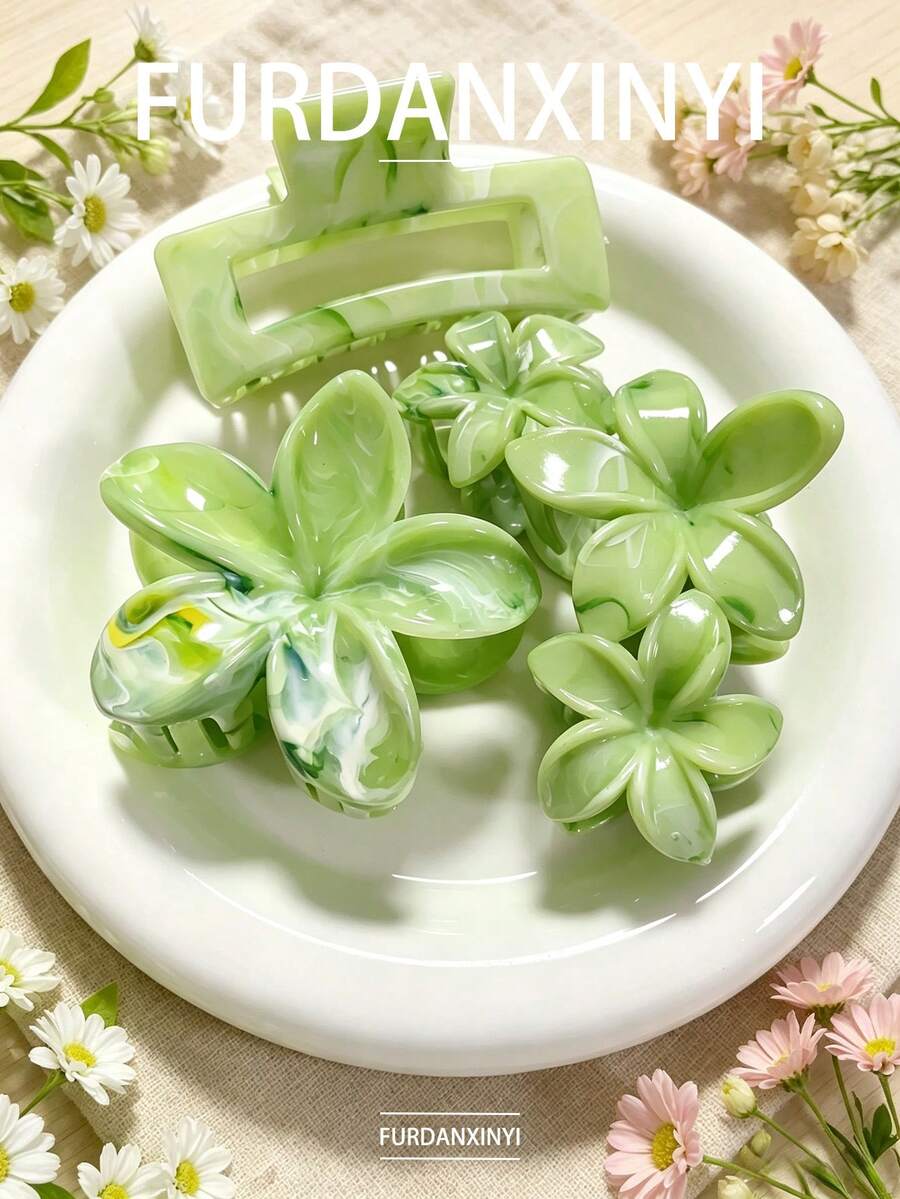 FURDANXINYI 3pcs Marble Flower Hair Clip Set, Asymmetrical Random Texture Flower And Rectangular Hair Clips, Non-Slip Large Size Women Hair Accessories, Essential For Summer Daily Styling - Multicolor - View 1