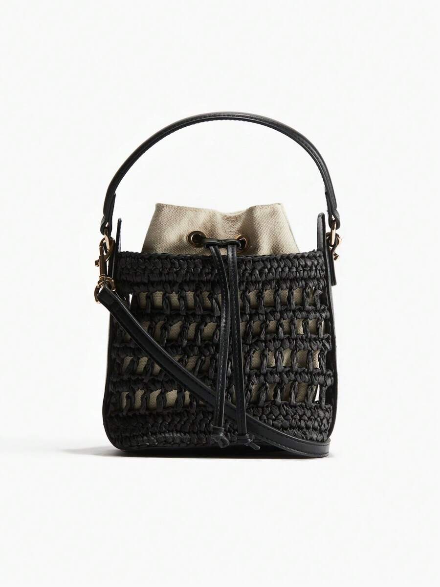 Women's Straw Bucket Bag Small Handbag, Straw Bucket Bag Summer Small Woven Crossbody Bag, Women's Hobo Bucket Bag, Vacation Handbag, Straw Beach Bag, Fashionable, Durable And Many Other Advantages, Perfect For Vacation, Dating, Work, Party, Shopping, Evening Party, Travel, Beach And Daily Use. - Black - View 1