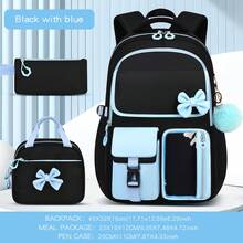 3pcs Colorblock Bow Decor With Plush Ball Pendant Large Capacity Backpack Set, Campus Style - Sets - View 8