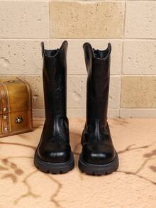 Basic Western Style Tall Riding Boots, V-Shaped Shaft, Non-Slip Thick Sole, Warm Autumn/Winter Fashion Boots For Girls - Black - View 4