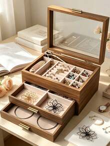 3-Layer Large Capacity Wooden Jewelry Storage Box With Lock, Portable Jewelry Box, Jewelry Storage Box With Drawers For Vanity - Multicolor - View 9