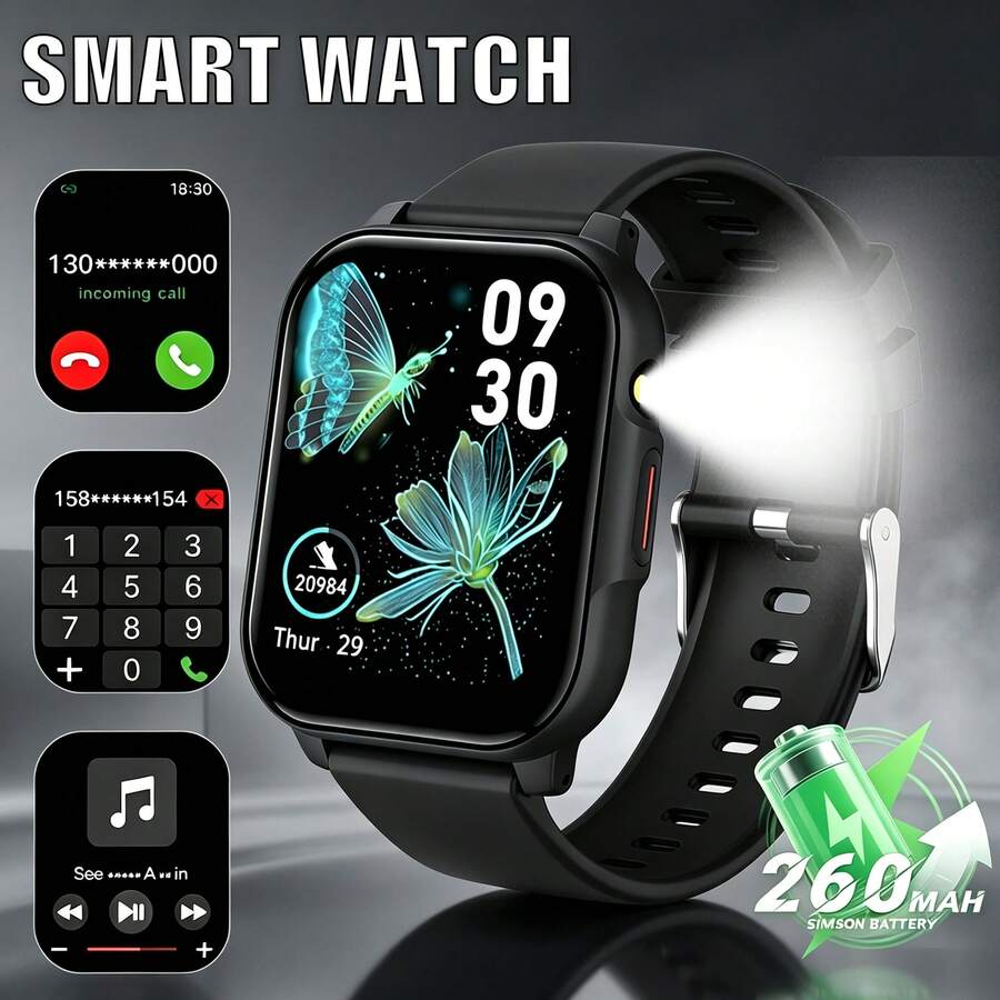 Montre de sport intelligente avec écran HD de 1,83 pouce, lampe de poche, batterie de 260 mAh, appels Bluetooth, modes de sport multiples, rappel de sédentarité et autres fonctions, convient comme cadeau pour les amis et les couples, compatible avec Android et iOS - Voir 1