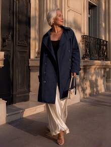Women's Mid-Length Trench Coat With Pockets, Spring/Autumn Commuter Style - Blue - View 4