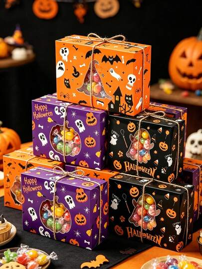 6pcs Halloween Ghost Pattern Transparent Window Gift Boxes, Halloween Party Favor Boxes, Halloween Candy Chocolate Packaging Boxes, Halloween Party Decorations, Desktop Decor, Christmas Party Gifts, Halloween Party Supplies, Graduation Back To School