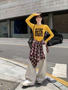 Street Style American Letter Print Design Fitted Y2K T-Shirt, Women's Autumn Long Sleeve Inner Layer Top Yellow Casual - Yellow - View 2