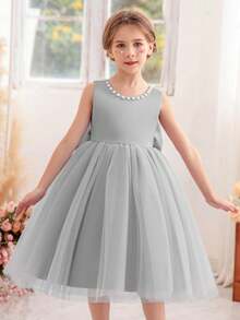 Young Girl Pearl Decor Bow Back Deep V Party Dress, Suitable For Birthday Party, Gift, Evening Gala, Dance, Holiday Celebration, Wedding Flower Girl Dress - Grey - View 5