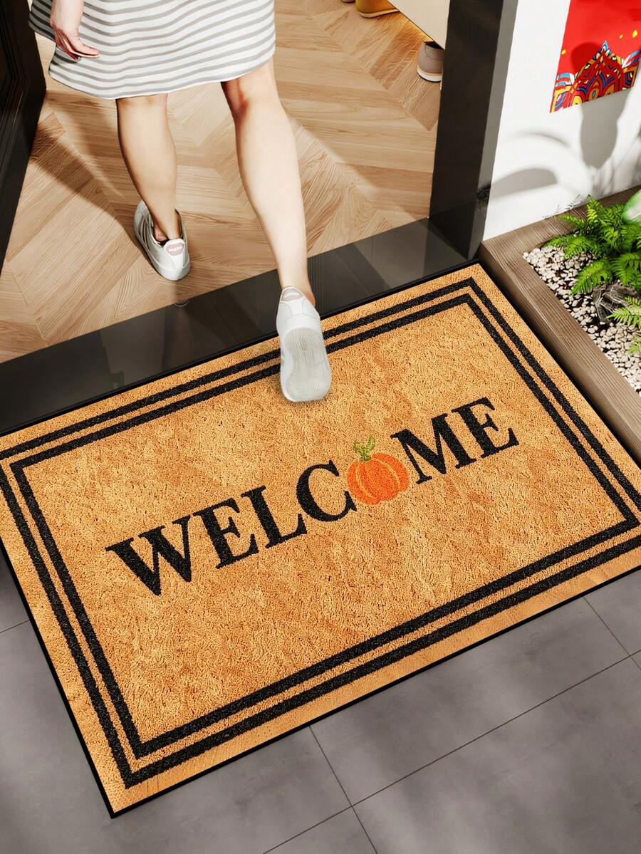 1pc, Autumn Minimalist Pumpkin Welcome Black Frame Pattern Doormat, Seasonal Style Machine Washable Polyester Fiber Mat, Suitable For Indoor, Outdoor, Daily Decoration, All Season Use - Yellow - View 1