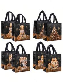 4pcs/1pc Black Christmas Gift Bags With Handles, Christmas Tree And Snowman Pattern, Portable Party Gift Bags, Non-Woven Fabric Shopping Bags, Suitable For Christmas And Daily Use - One Size Fits All - View 6