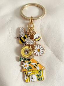1pc Zinc Alloy Drip Oil Bee, Sunflower, Honey & House Pendant Keychain, Decoration For Backpack, Wallet, Gift For Friends And Family - Multicolor - View 6