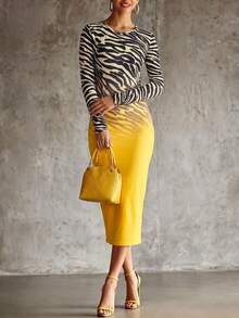 Women's Long-Sleeve, Round-Neck, Slim-Fit Midi Dress Featuring A Gradient Zebra Print-Perfect For Nightclub Parties Or Evening Gatherings (Autumn Coll - Yellow - View 8